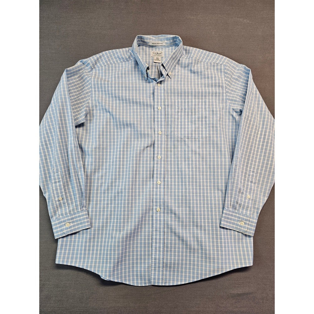 LL Bean Mens Large Regular Wrinkle Resistant Button Down Shirt Blue White Check